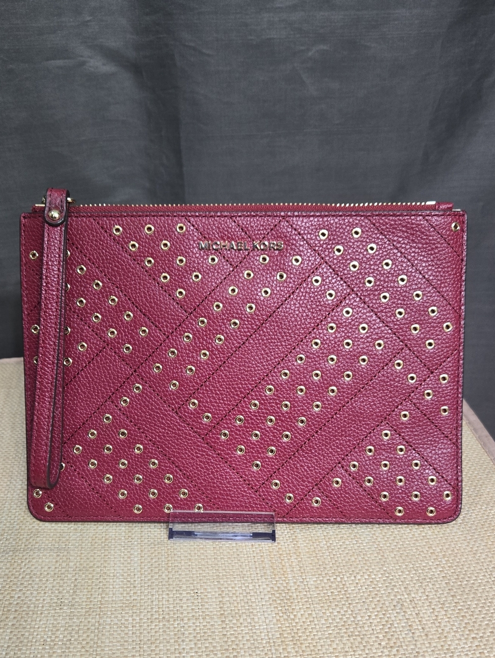 Like-new! Michael Kors Burgundy Studded Leather Wristlet Clutch